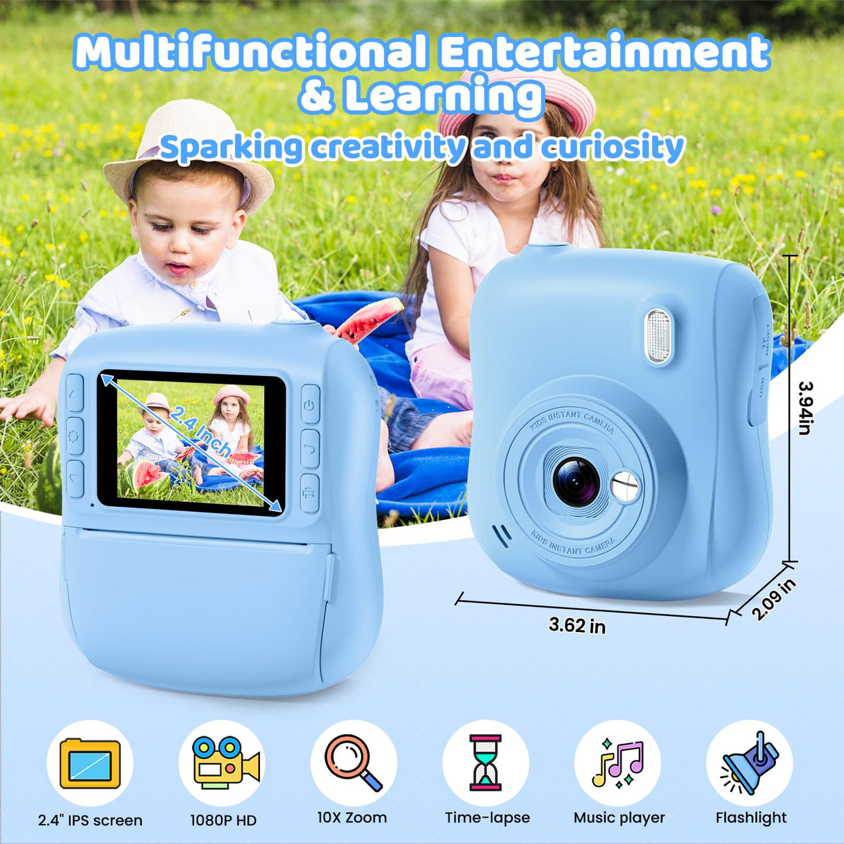 Instant Print Camera for Kids,Christmas Birthday Gifts for 3 4 5 6 7 8 9 10 11 12 Year Old Boys Girls,Toddler Digital Video Camcorder Cameras, Best 1080P HD Selfie Toy with 32GB SD Card