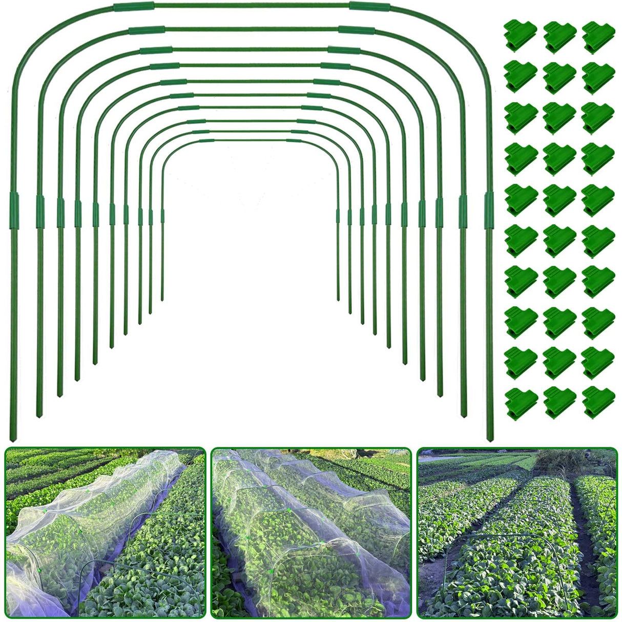 10 Sets Greenhouse Hoops Grow Tunnel-41.3" W x 31.5" H with 30 PCS Clamps,DIY Garden Hoop Plastic Rustproof Support Frame Garden Hoop Stakes for Plants Fruits Vegetables Raised Garden Beds Row Cover