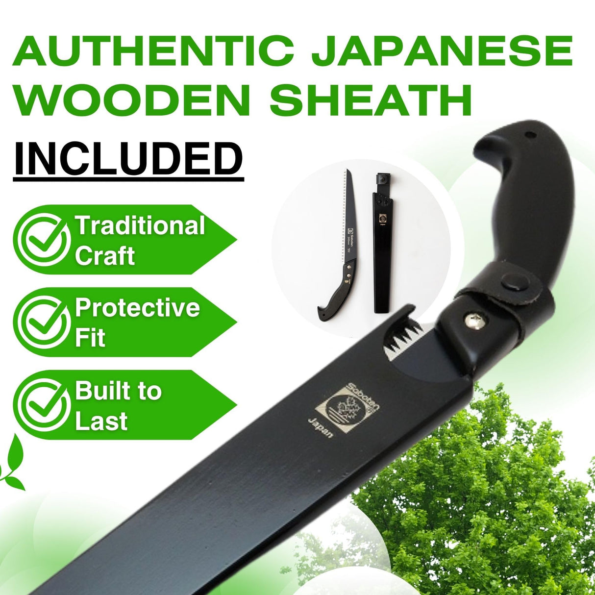 Saboten Japanese Pruning Saw 9.4 in (240mm) – Fluorine-Coated High-Carbon Steel Blade, 7.5mm Tooth Pitch, Smooth Pull Cuts, Wooden Handle, Wood Sheath Included, Made in Japan