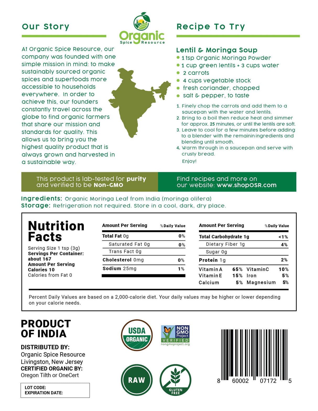 Organic Moringa Powder - 35.28 oz | Pack of 2 | USDA Organics, Non-GMO, Kosher, Halal, Moringa Olifera Powder - 100% Raw and Natural, by OSR