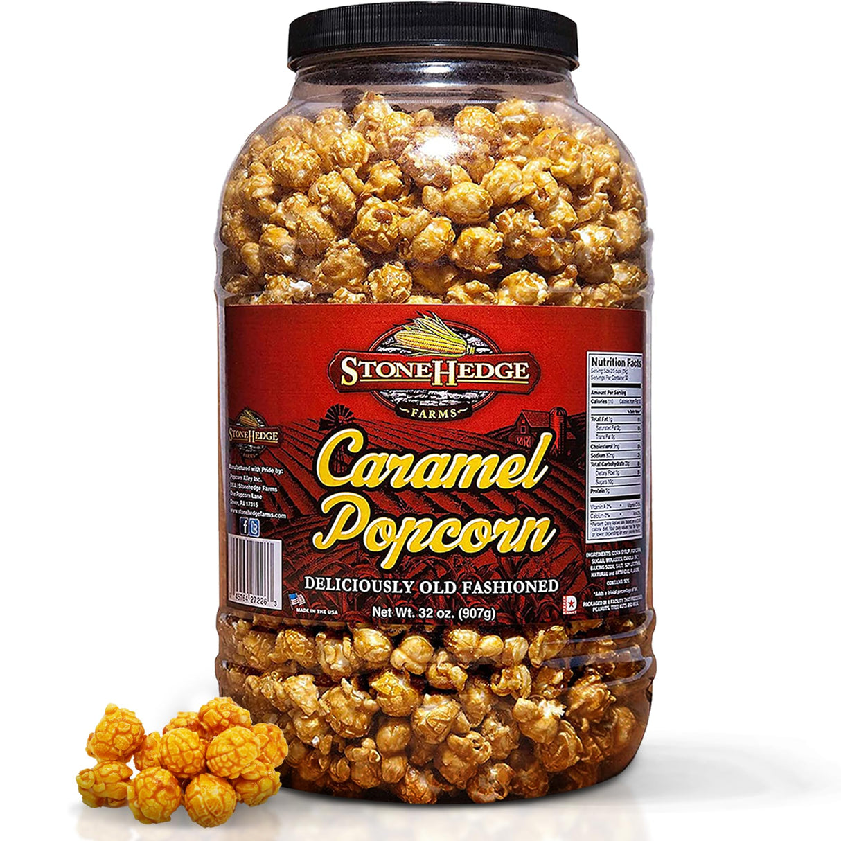 Stonehedge Farms Caramel Flavored Popcorn | 32 oz Large Tub | Perfect for Holidays and Christmas | Bulk Gourmet Popped Sweet Snacks | Made in the USA