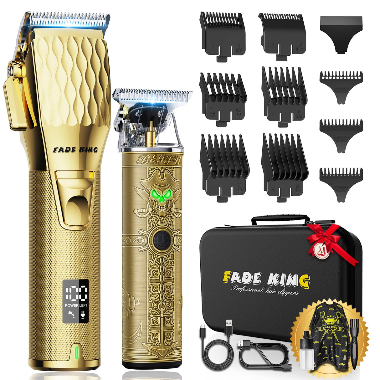 FADEKING® Professional Hair Clippers for Men - Cordless Hair Clippers, LCD Display Barber Clippers for Hair Cutting & Mens Grooming with Travel Case (Gold+Bronze)