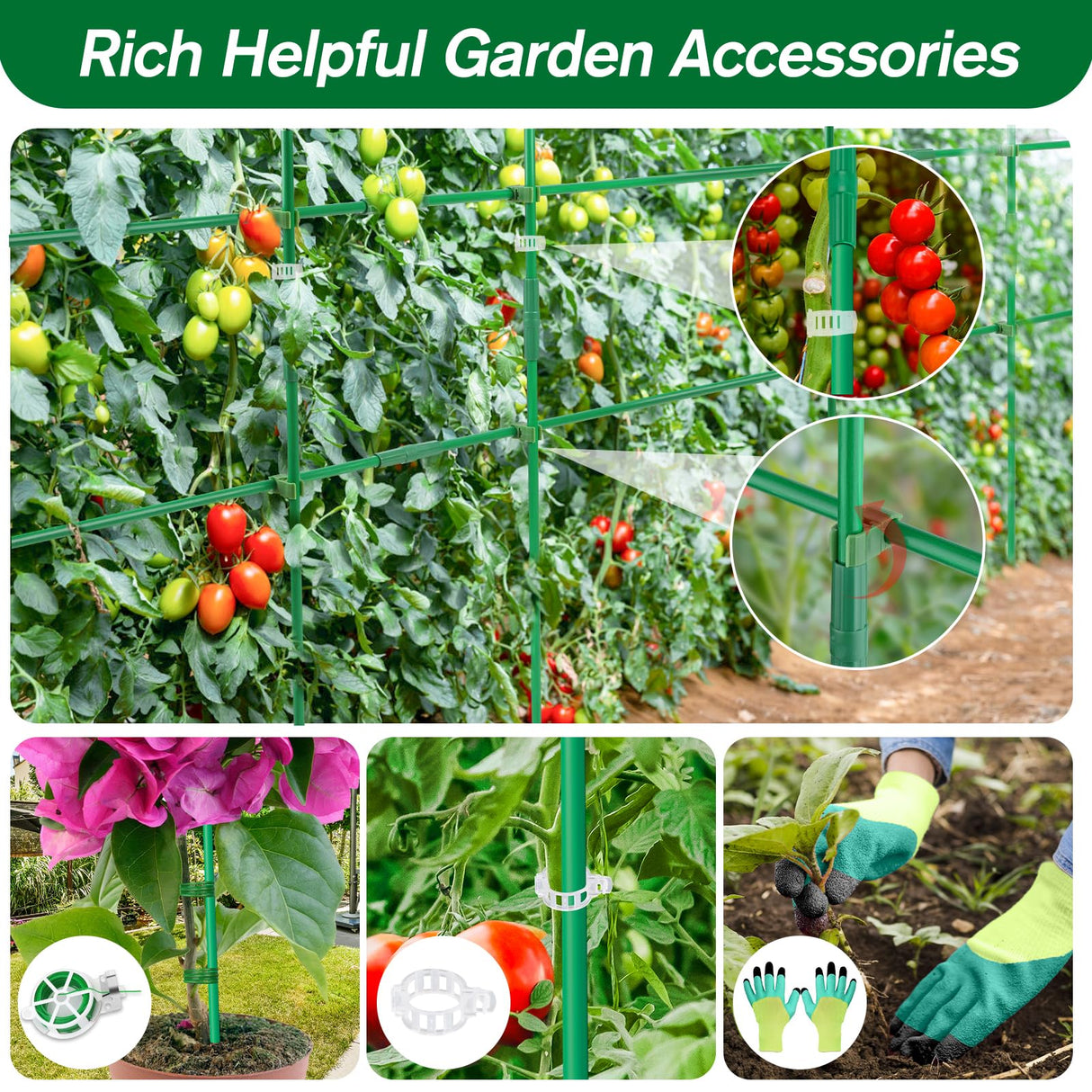 Qinzave 256PCS Garden Stakes Set with 75PCS 16 Inch Fiberglass Plant Sticks and Stake Arms, DIY 4ft 5ft 6ft 7ft 8ft Tomato Stakes, Garden Stakes for Vegetables Tomato Pepper Indoor Outdoor Plants
