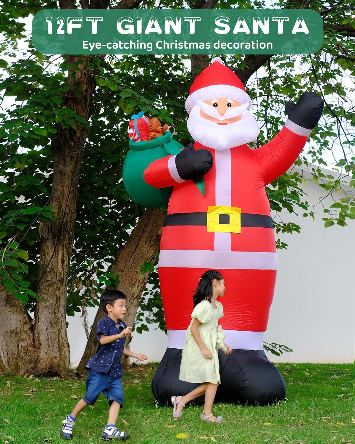 12FT Giant Christmas Inflatables Outdoor Decorations - LED Lighted Blow Up Santa Claus with Gift for Yard, Garden & Lawn - Inflatable Santa with Rotating Lights for Holiday Xmas Party Decor