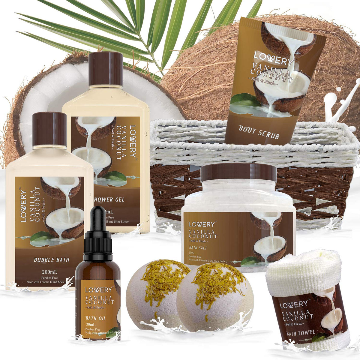 Gifts For Women Gift Basket for Womenβ 9 Piece Set of Vanilla Coconut Home Spa Set, Luxurious Gifts for Her, Bath and Body Sets Includes Fragrant Lotions, Large Bath Bombs, Coconut Oil