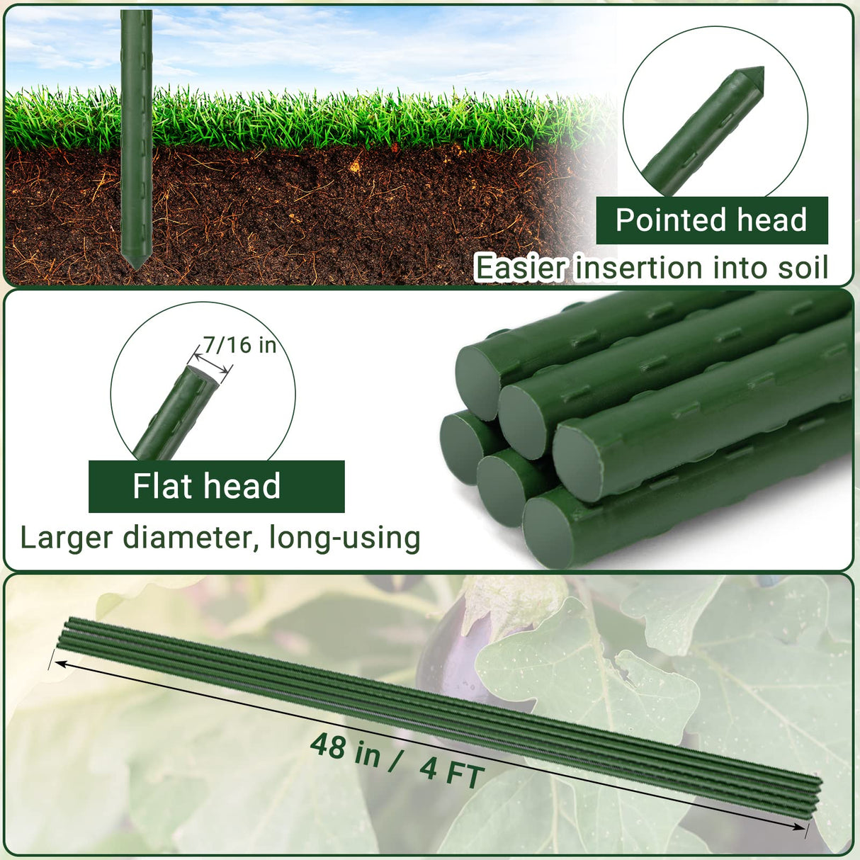 ROMODEN Garden Stakes 48'' Plant Sticks, 50PCS Plastic Coated Steel 4ft Plant Stakes Support for Growing Climbing Plants, Tomato Stakes Gardening Supplies