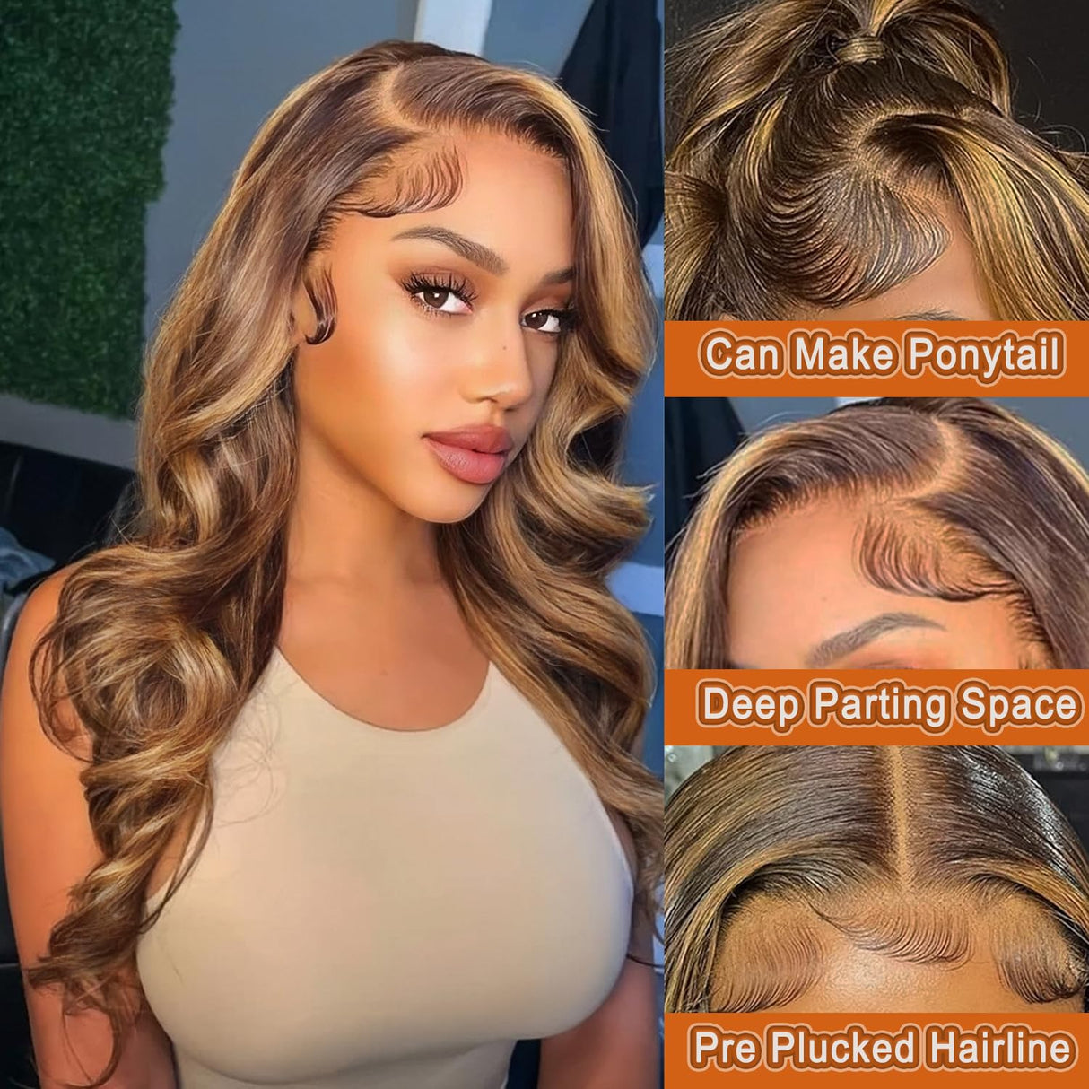 Linrkeyy Ombre Lace Front Wig Human Hair 13X6 Honey Blonde Highlight Wigs Human Hair Body Wave 180% Density HD Lace Frontal Wigs Human Hair Pre Plucked 4/27 Colored Glueless Wigs for Women 24 Inch