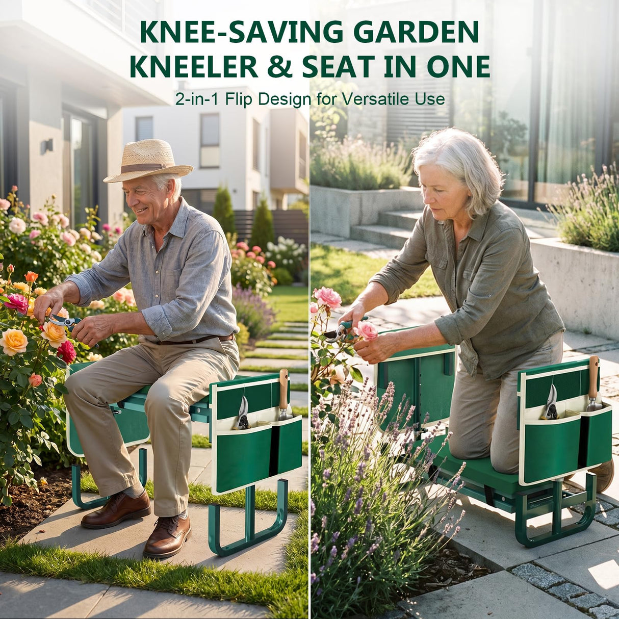 AUROPEAK 2-in-1 Garden Kneeler and Seat, Adjustable Garden Stool with Thickened Pad & Handles, 7-Level Height Adjustment, Foldable 420lbs with 2 Tool Bags for Seniors Gardening Outdoor Use