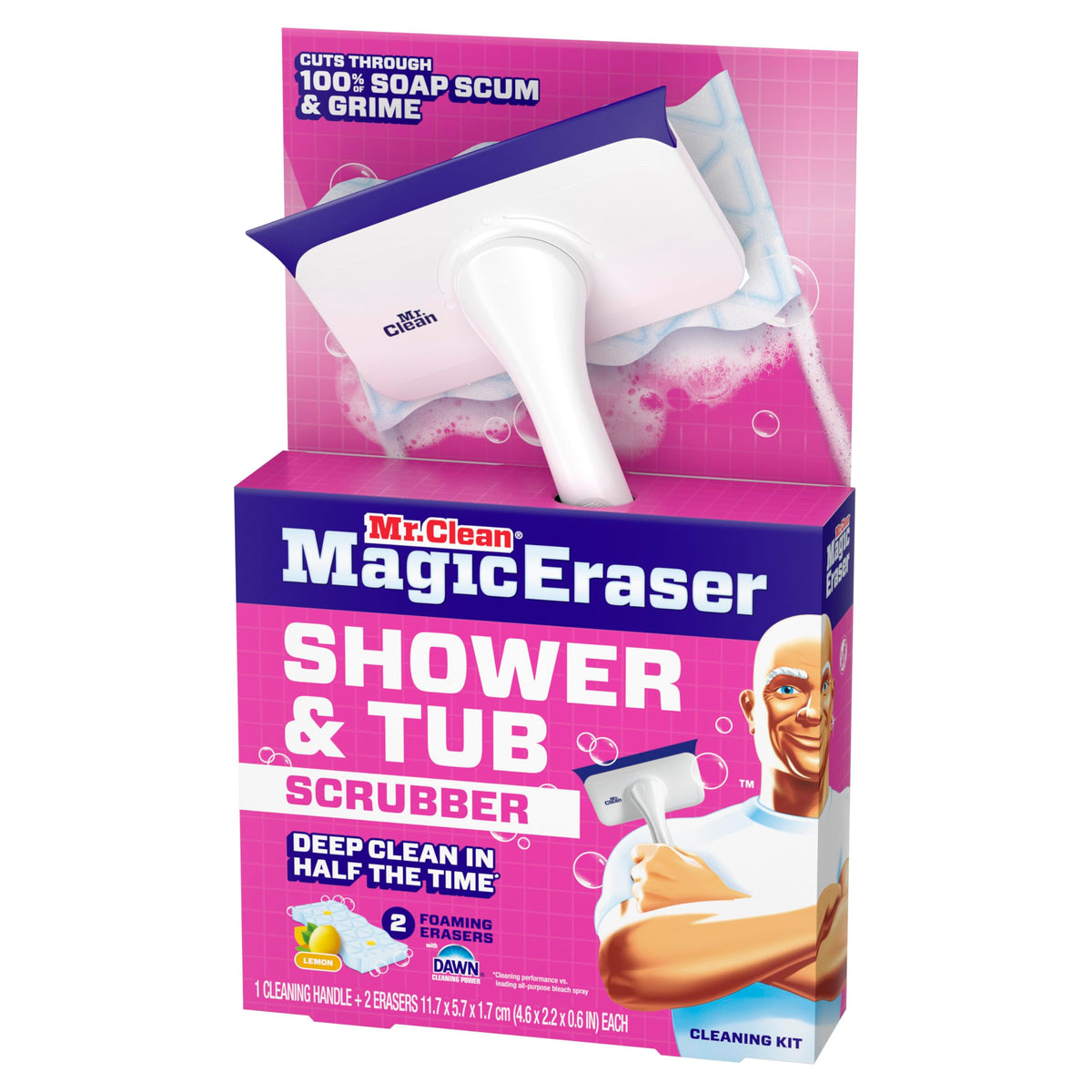 Mr. Clean Magic Eraser Shower & Tub Scrubber, Bathroom Cleaner, All in One Bathroom Cleaner, Lemon Starter Kit, 2 Scrubber, 5 Foaming Magic Erasers, 1 Whole Home Extra Durable Magic Eraser