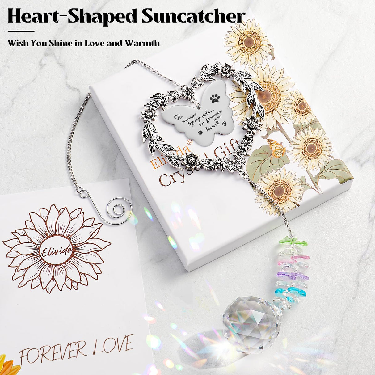 Elivida Dog Memorial Gifts for Loss of Dog, Pet Sympathy Suncatcher with Personalized Words, Cat Death Remembrance Gift for Pet Lovers, Heart Shaped Cat Bereavement Ornament with Sympathy Card