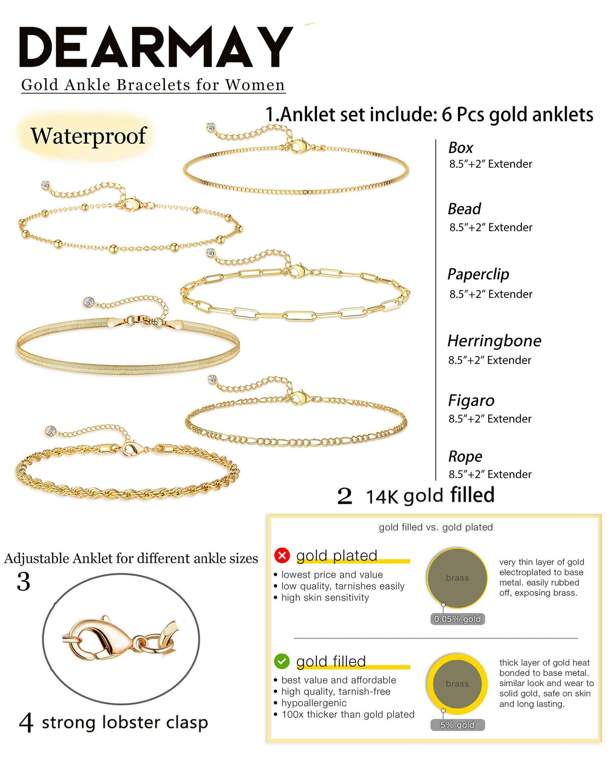 DEARMAY 14K Gold Plated Anklets for Women, Waterproof Ankle Bracelets Trendy Layered Cuban Link Chain Herringbone Cute Summer Beach Jewelry Fashion Gift