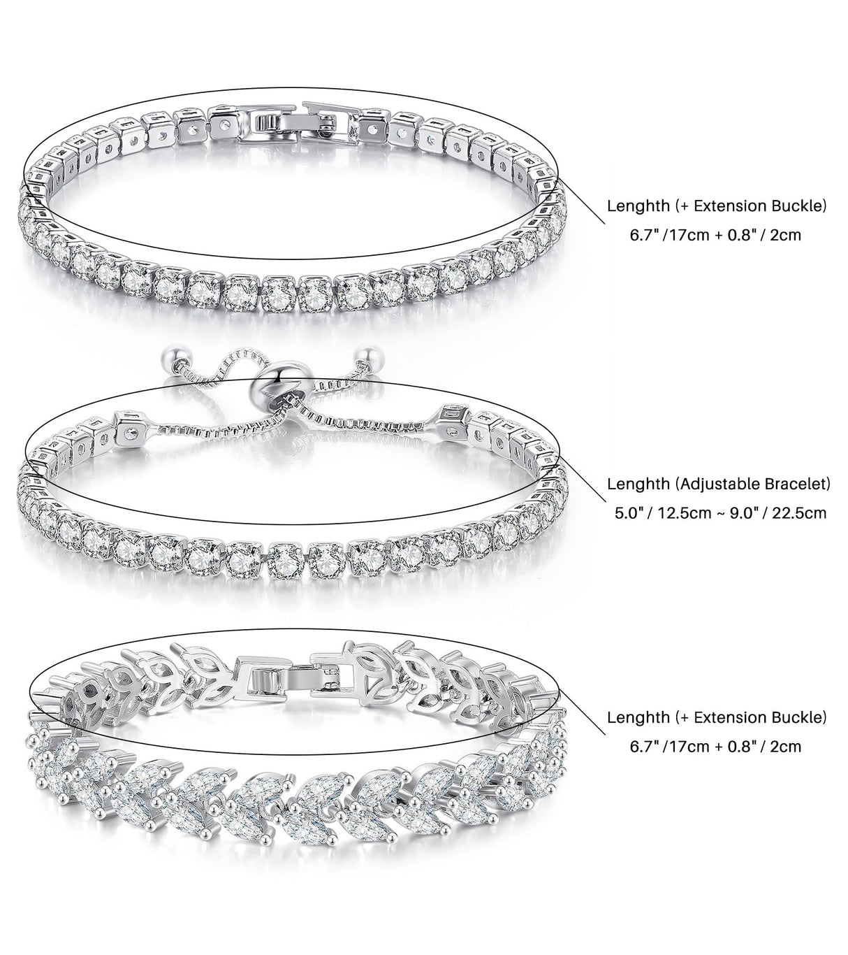 YOYUNLUO 4 Pcs Tennis Bracelet Set Silver Plated Marquise Cubic Zirconia CZ Diamond Dainty Adjustable Silver Bracelets for Women Brides Stackable Fashion Jewelry Wedding Prom Gift, 6.5 inch