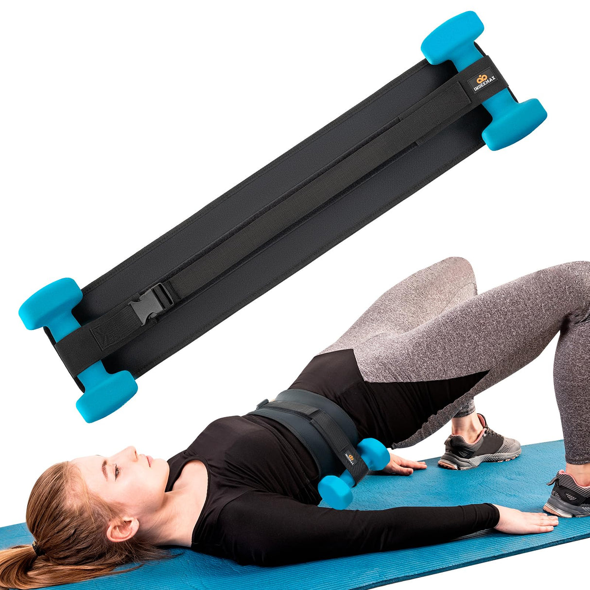 INDEEMAX Hip Thrust Belt, Booty Trainer for Women Men, Portable Exercise Hip Thrust Pad for Dumbbells Kettlebells Weights Plates, Adjustable Glute Workout Equipment Band for Home Gym