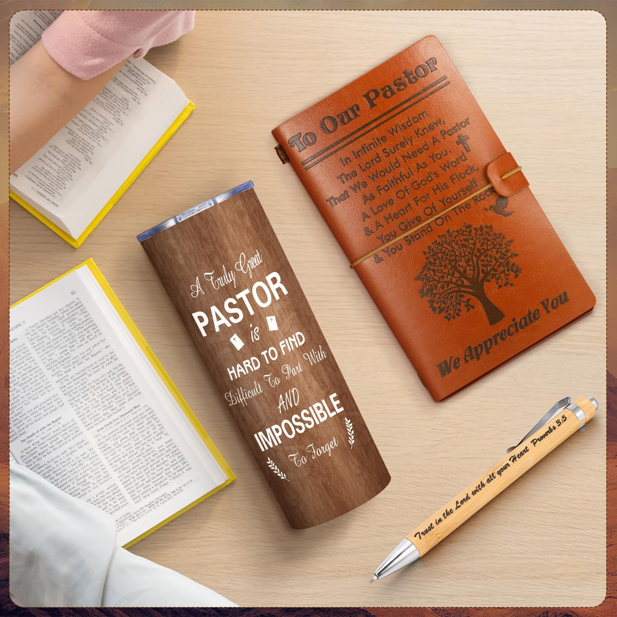 Skylety 4 Pcs Christmas Pastor Appreciation Gifts Set Pastor Refillable Journal Ordained Minister 20 oz Stainless Steel Cup Priest Socks Clergy Pen for Christmas Church Birthday Gifts