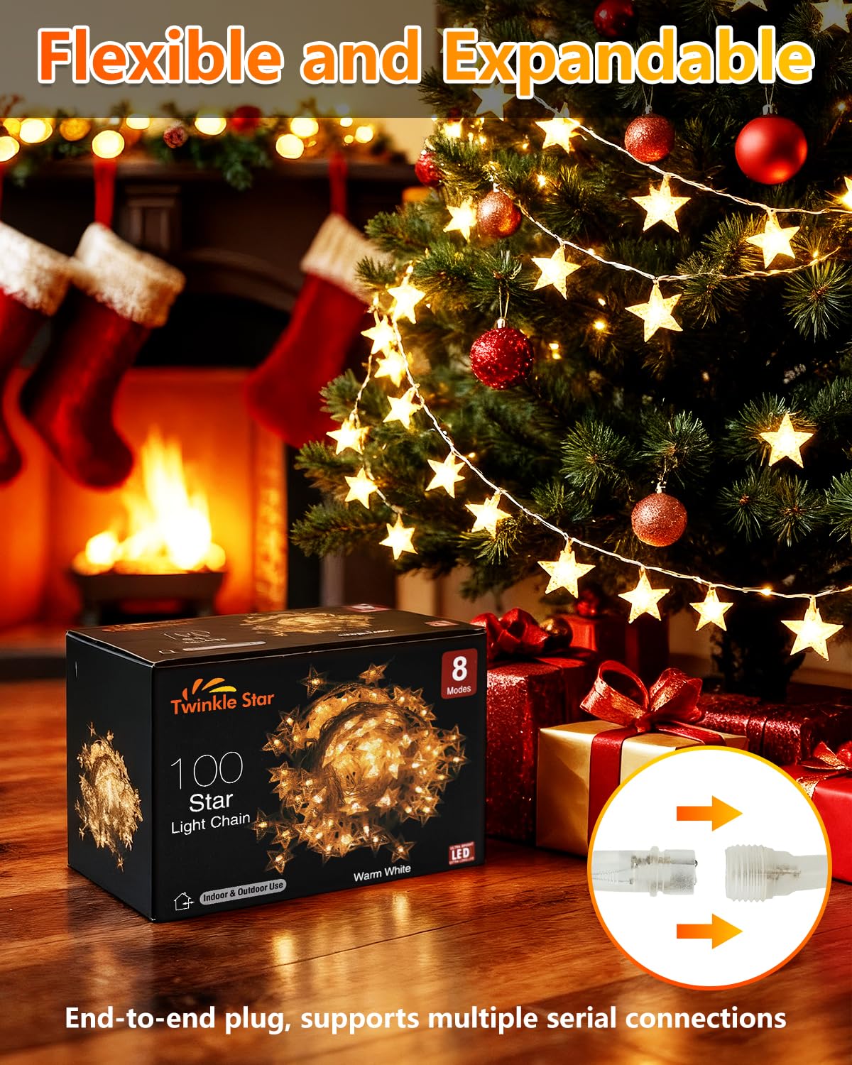 Twinkle Star 2 Pack 100 LED Star String Lights, Plug in Fairy String Lights Waterproof, Extendable for Indoor, Outdoor, Wedding Party, Christmas Tree, New Year, Garden Decoration, Warm White