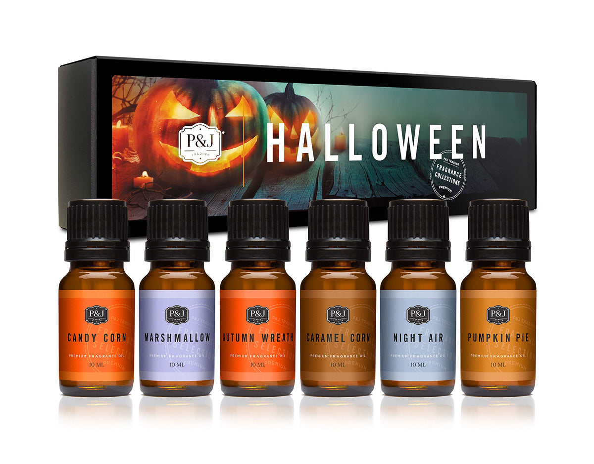 P&J Fragrance Oil Halloween Set | Autumn Wreath, Pumpkin Pie, Candy Corn, Marshmallow, Night Air, and Caramel Corn Candle Freshie Scent for Candle Making, Soap Making Supplies