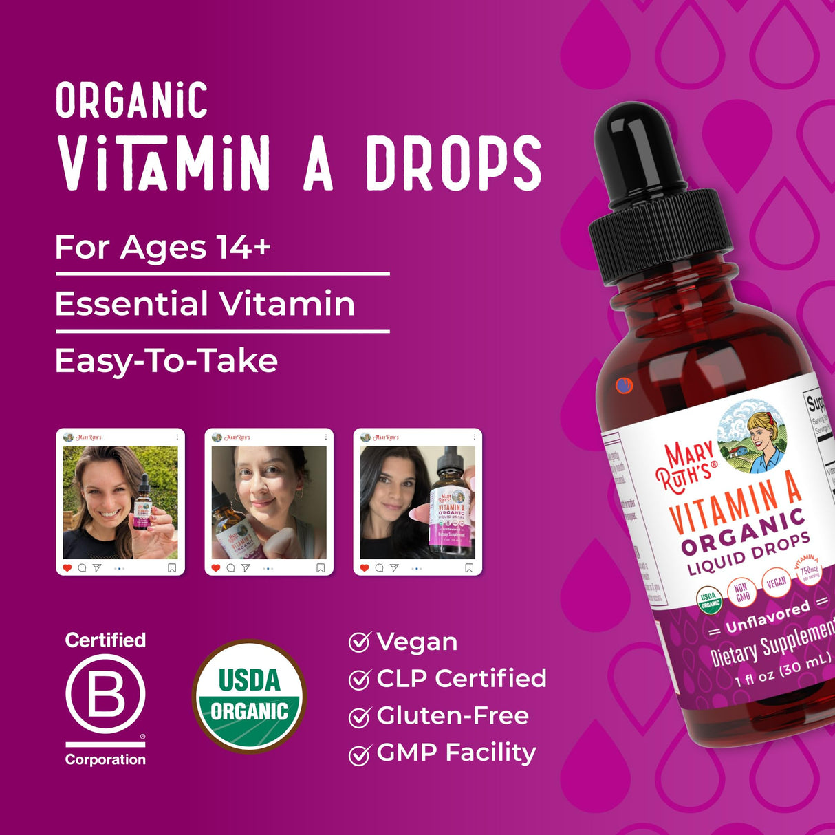MaryRuth Organics USDA Organic Vitamin A Liquid Drops | 3 Month Supply | Immune Support, Eye Health, Skin Health for Ages 14+ | 750mcg per Serving | Sugar Free | Vegan | Non-GMO | Gluten Free | 1oz