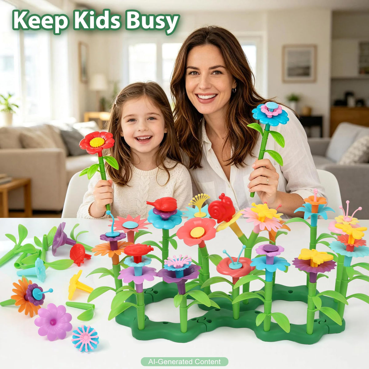 IQKidz 3-6 Years Old Toddler Toys - Flower Garden Building Toy with Insect Pegs, Educational Activity Gifts for Girls Preschool-Kindergarten, 153Pcs STEM Stacking Pretend Play Set