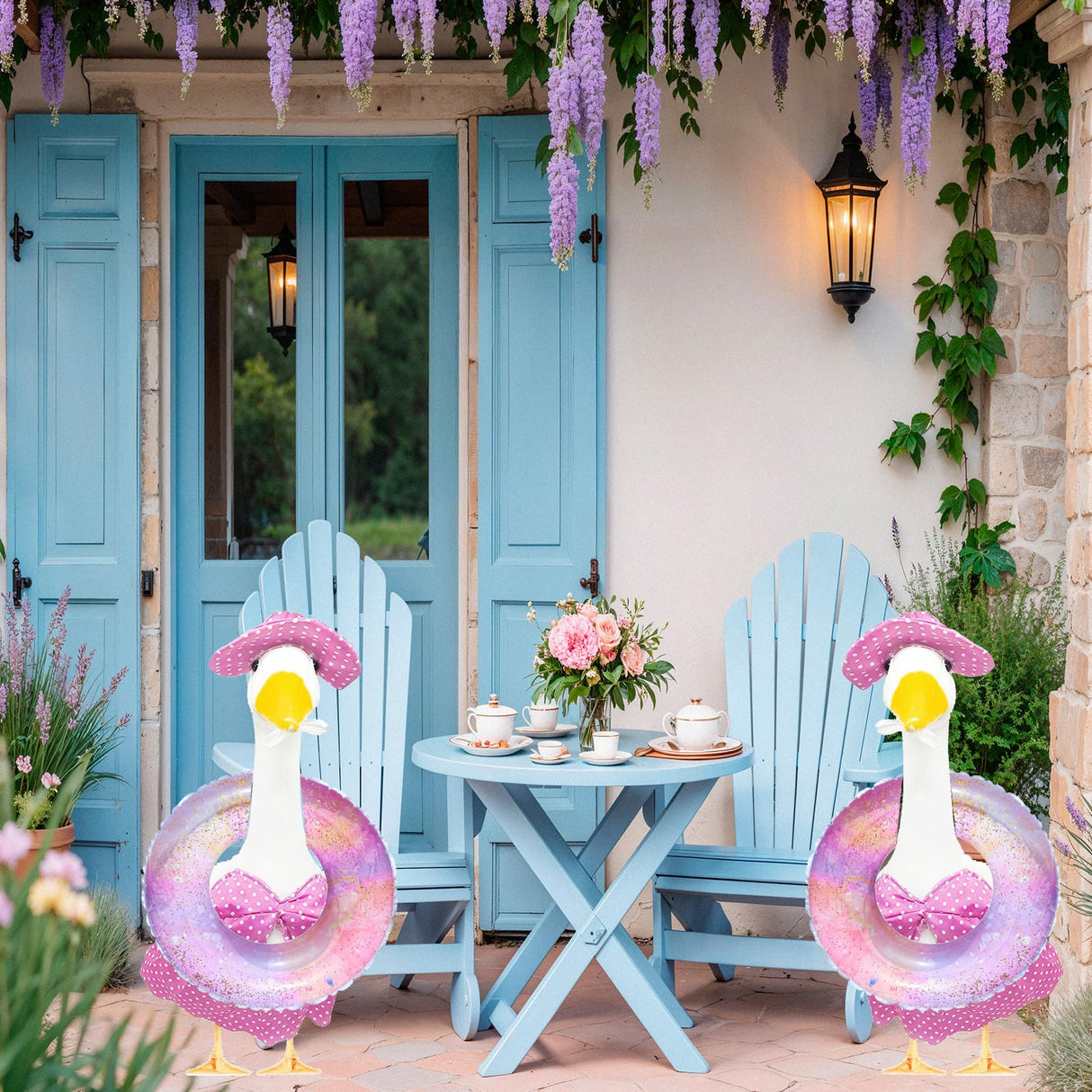 Wxcrsaz Porch Goose Summer Outfit for Cement or Plastic Goose 23'' Lawn Patio Statue, Bikini Goose Clothes, Hawaiian Outfit with Hat Sunglasses & Swimming Ring for Outdoor Garden Yard Decor (Pink)