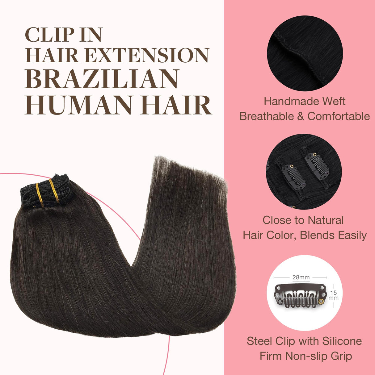 GOO GOO Clip in Hair Extensions Real Human Hair, Remy Human Hair Extensions Clip ins for Women, Natural Human Hair, 22inch 120g 7Pcs, 2 Dark Brown