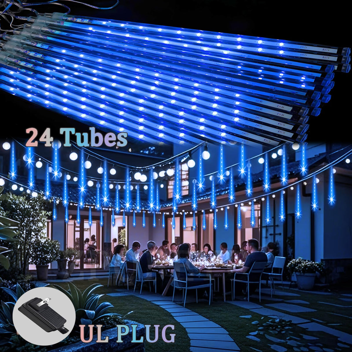 ZPQBEYE Christmas Lights Outdoor Meteor Shower Lights 24-Tube 576LEDs Snow Falling Rain Cascading Icicle Light for Xmas Tree Christmas Decorations Wedding Party Holiday Garden Decor, UL Plug Blue