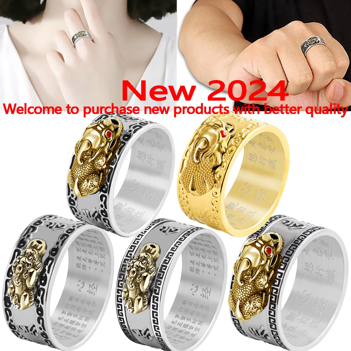 HJ HUAJ 990 Silver Feng Shui PiXiu Adjustable Ring MANI Mantra Protection Wealth Ring