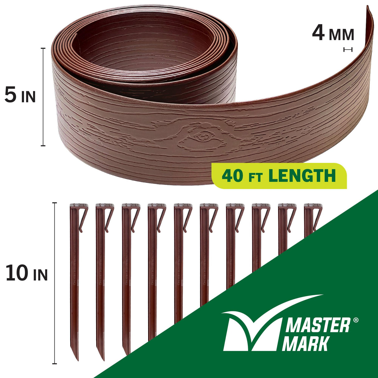 MASTER MARK Terrace Board, Landscape Coiled Edging, Grass Barrier, Bender Board, Flower Bed, Vegetable Garden Borders 5 in. x 40 ft. with 10 Stakes (Brown)