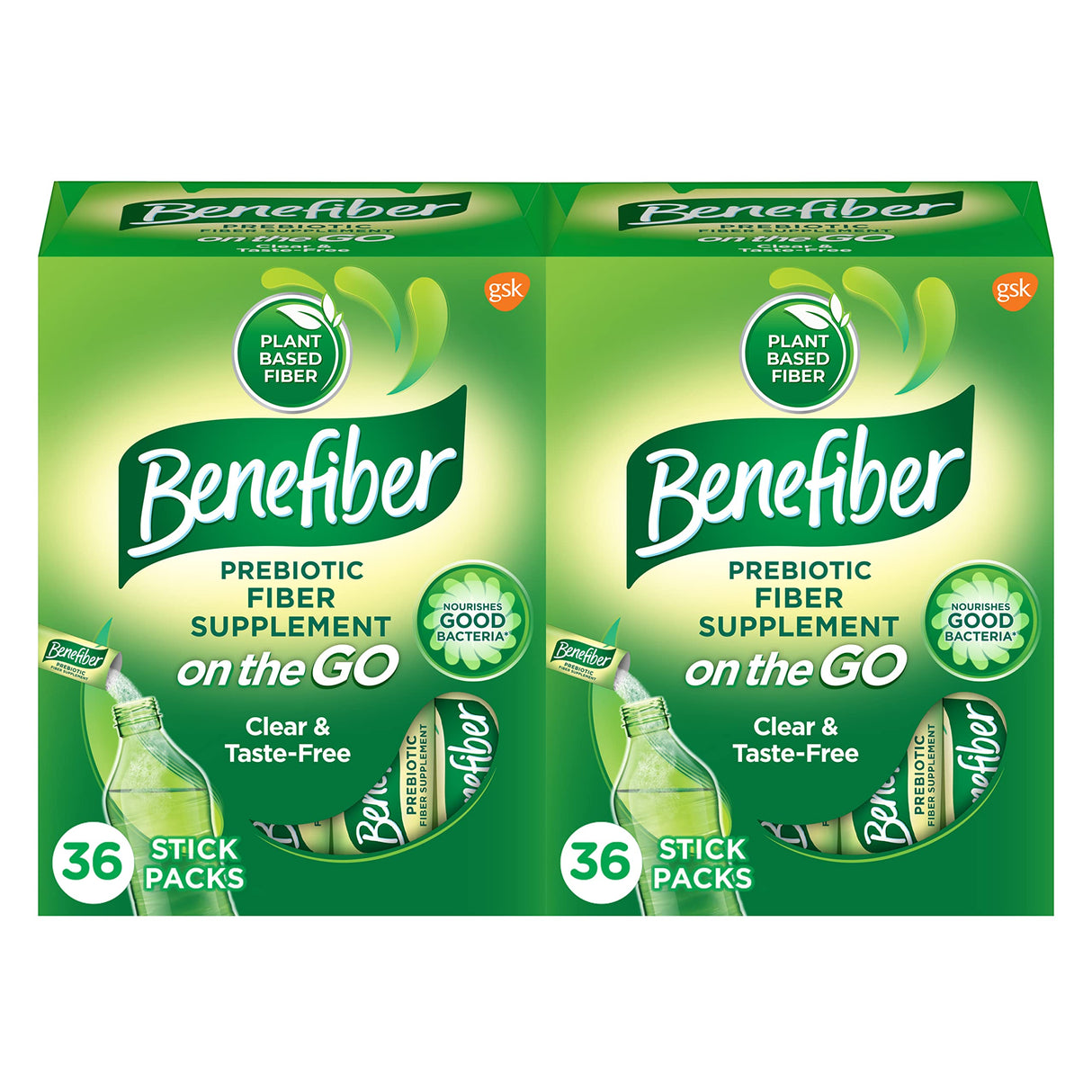 Benefiber On The Go Prebiotic Fiber Supplement Powder for Digestive Health, Daily Powder, Unflavored Stick Packs - 36 Sticks (Pack of 2)