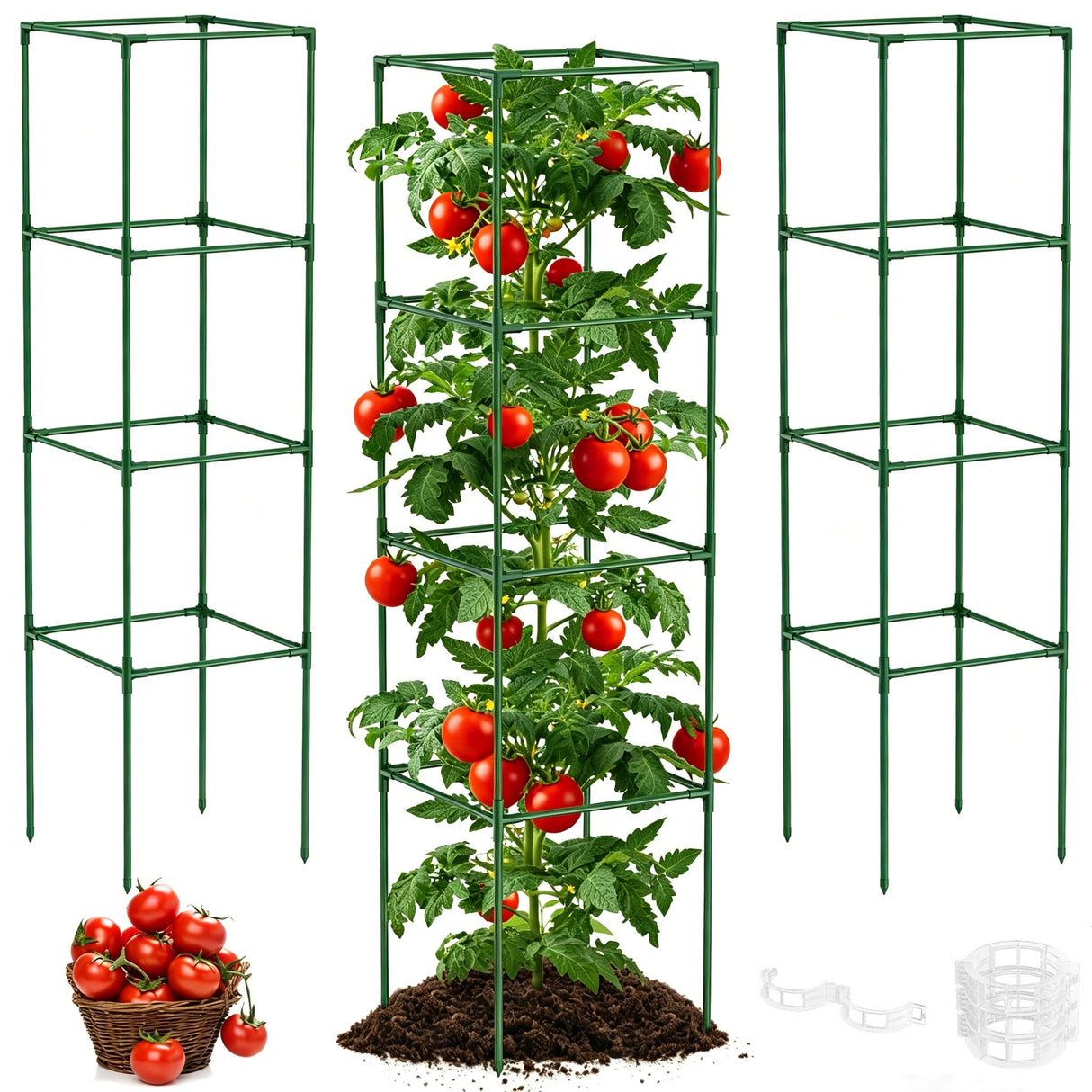 3 Pack Tomato Cage, 14.5" W x 53" H Square Tomato Trellis with 50 Pcs Clips