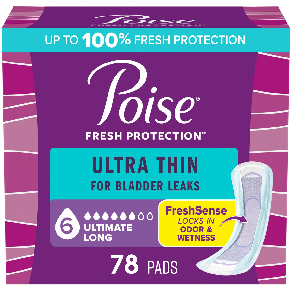 Poise Ultra Thin Incontinence Pads & Postpartum Pads for Bladder Leaks, 6 Drop Ultimate Absorbency, Long Length, 78 Count, Packaging May Vary
