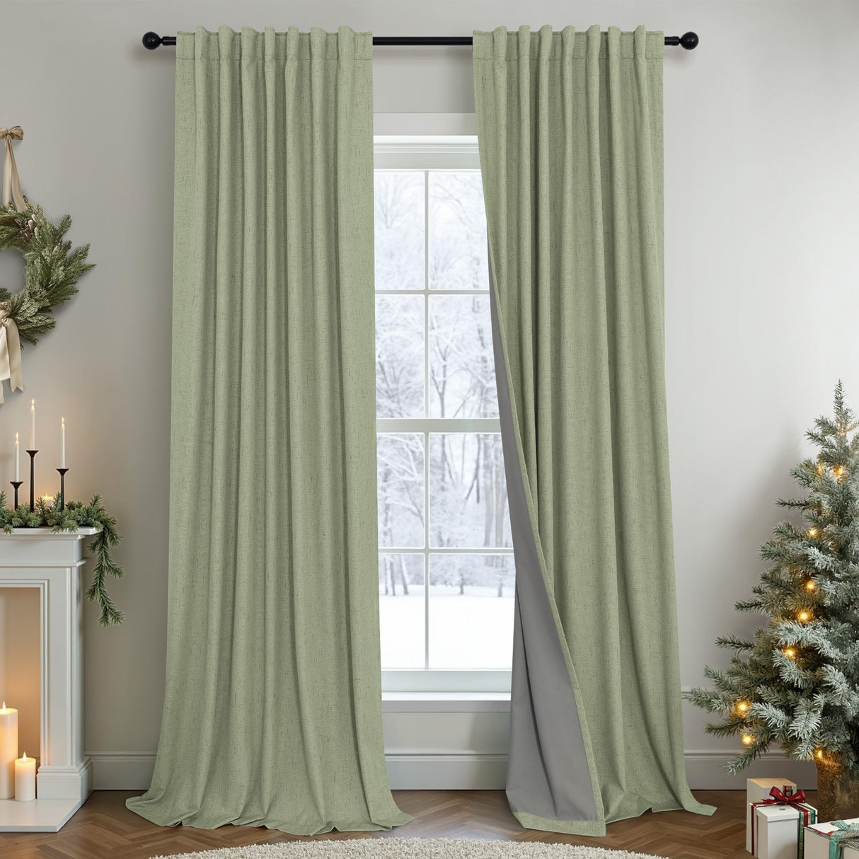 Sage Green Boho Blackout Curtains for Bedroom Window 84 Inch Length 2 Panels Set Linen Textured Thermal Insulated Dark Out Room Darkening Light Sage Curtain Drapes for Living Room 52x84 Long Christmas