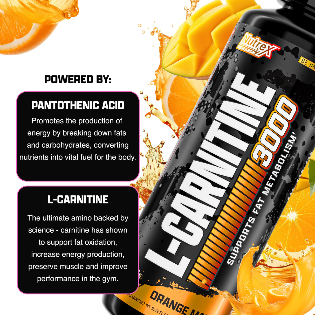 Nutrex Research Liquid Carnitine 3000 | Orange Mango | Stimulant Free | 31 Servings 16 Fl Oz