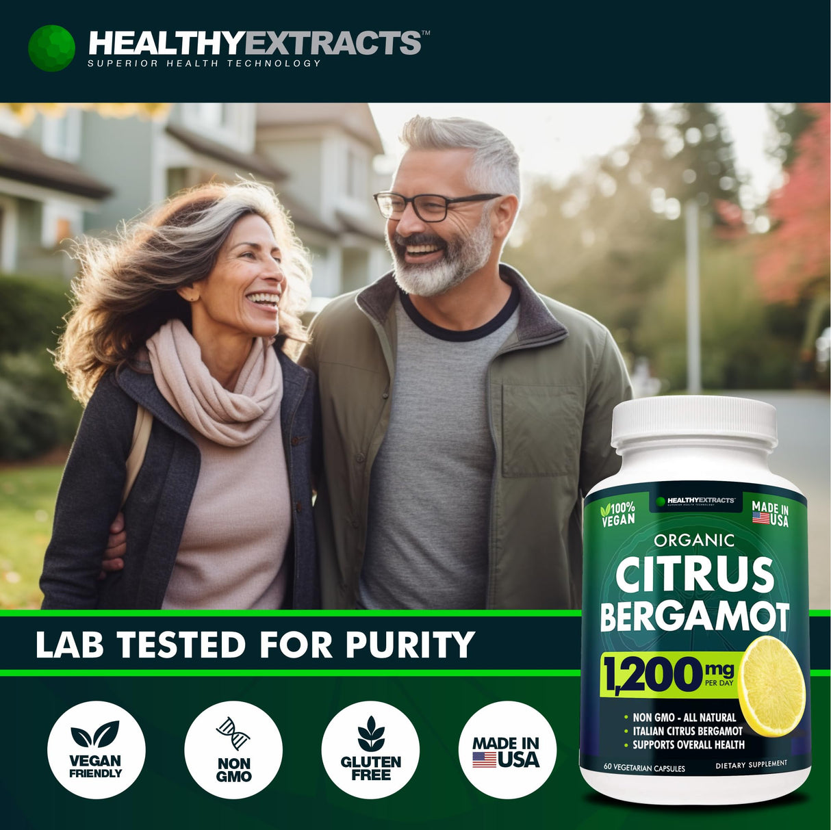 Healthy Extracts Citrus Bergamot Supplement β 150:1 Extract, 1200mg per Serving, 80% Polyphenols, Supplement for High Cholesterol, Italian Sourced, 60 Count, 1 Month Supply, Made in The USA