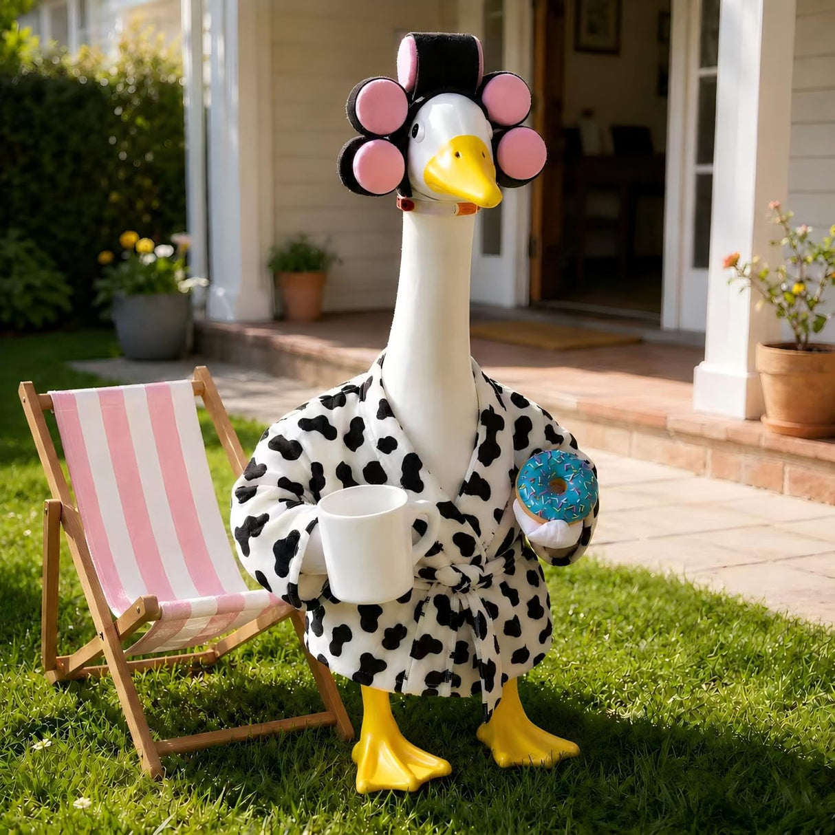 shpipa Goose Porch Outfit, 23-Inch Goose Statue, Leopard Print Bathrobe for Patio Home Decor, Comes with Curler, Waist Belt, Donut & Coffee Cup