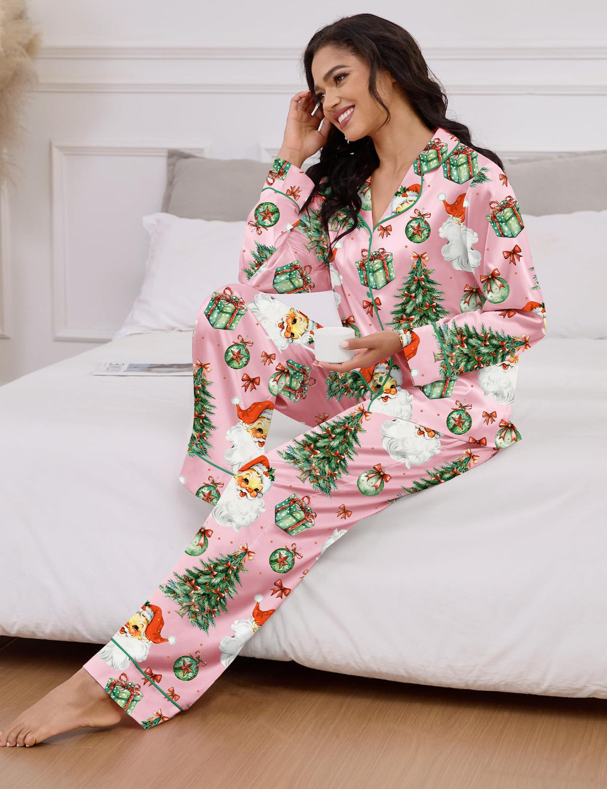 SHESHOW Satin Christmas Pjs Women Button Down 2 Piece Funny Graphic Santa Pink Christmas Pajamas for Women M