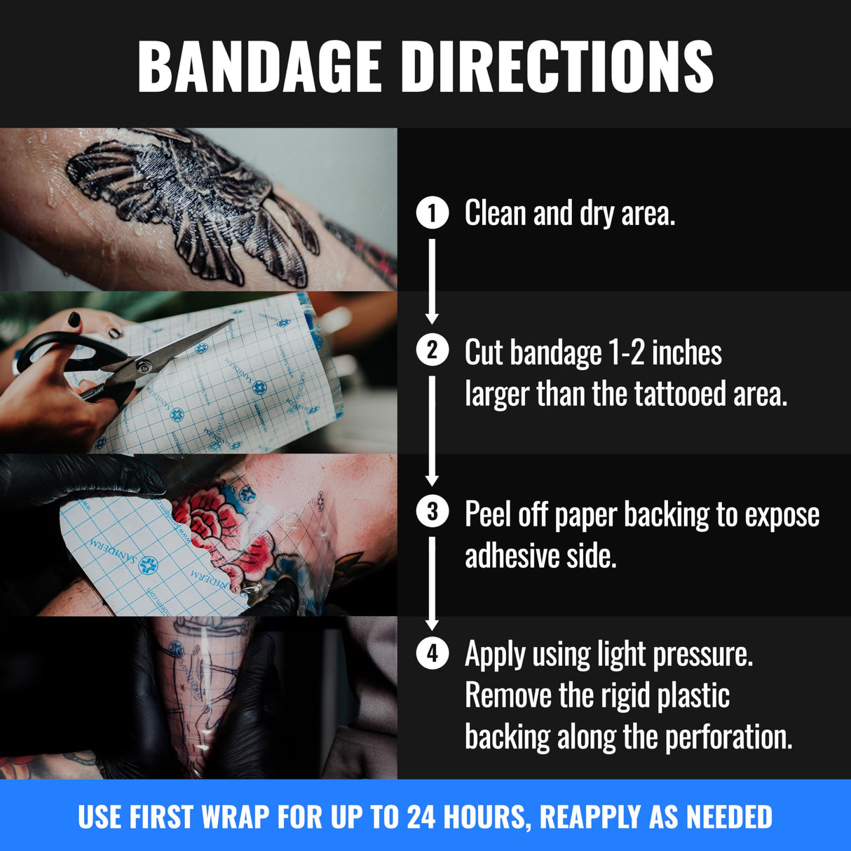 Saniderm Original Tattoo Aftercare Bandage (Personal Roll, 10.2 in x 2 yd) – Convenient, Faster Tattoo Healing and Protection – Sterile, Waterproof, and Latex-Free Tattoo Aftercare Wrap – Gloss Finish