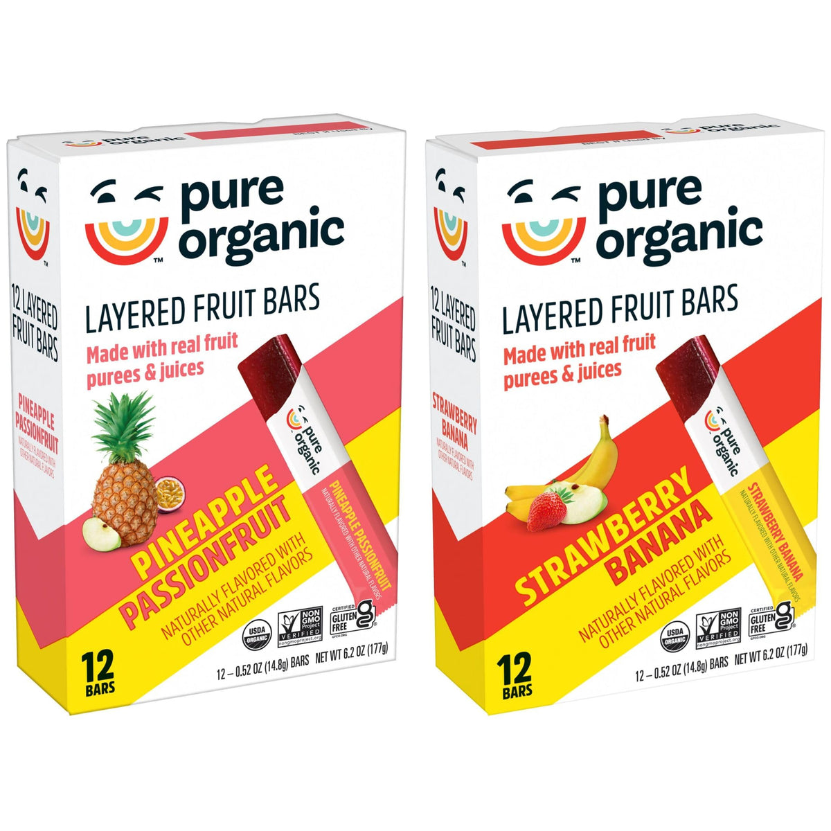 Pure Organic Layered Fruit Bars, Gluten Free, Vegan Fruit Snacks, 2-Flavor Variety Pack (2 Boxes, 24 Bars)