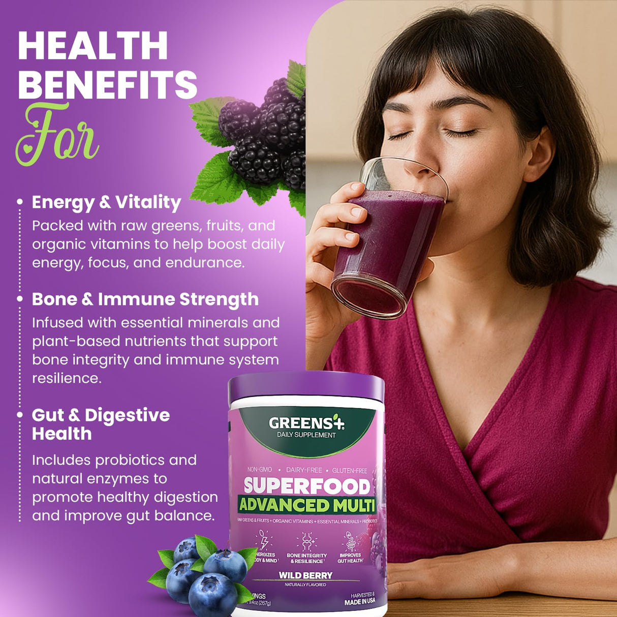 Greens+ Advanced Multi Wild Berry Superfood Powder, Organic Blend, Vegan, Non-GMO, Soy-Free, Dairy-Free, Gluten-Free, Dietary Supplement with Vitamins & Minerals, 9.4 oz