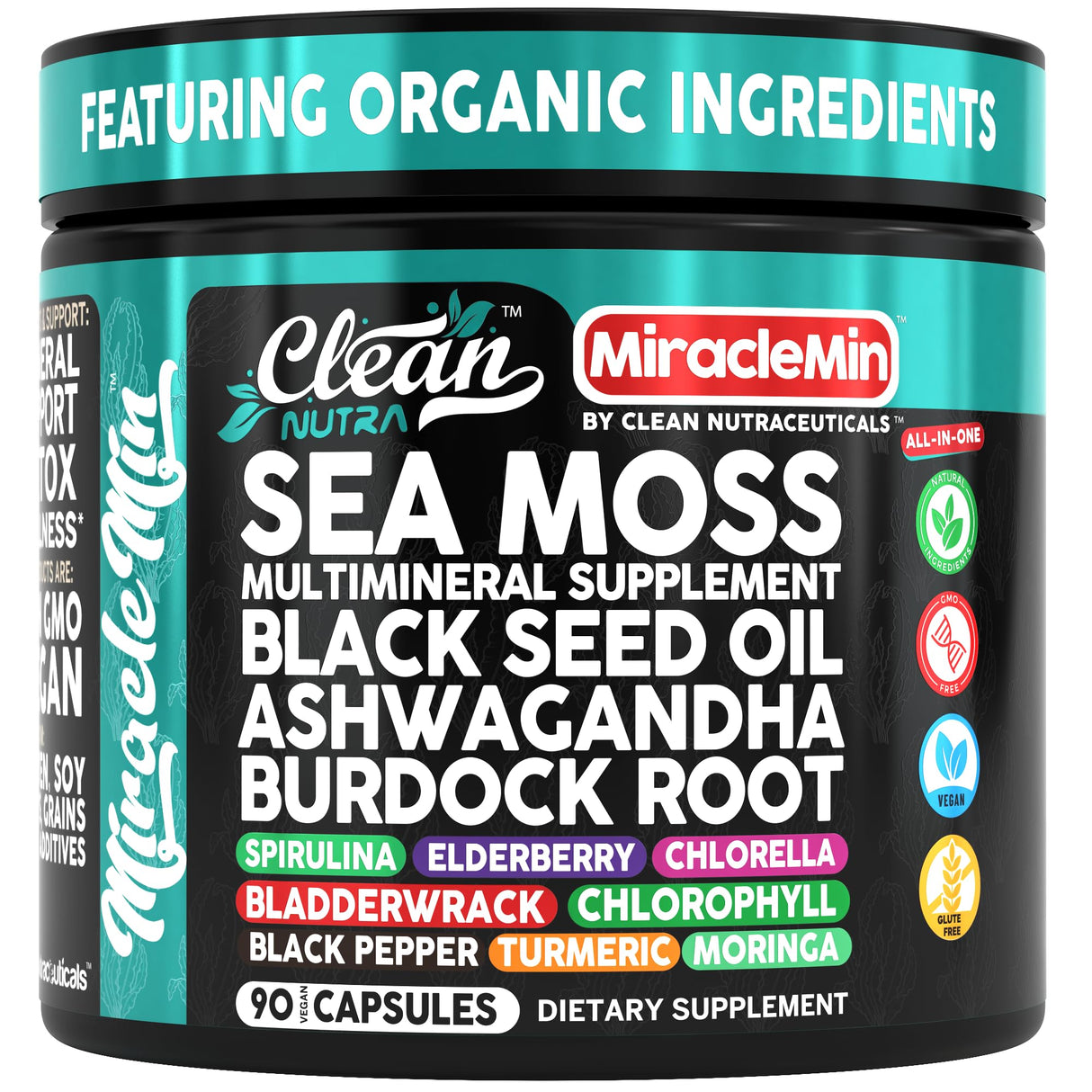 Clean Nutra Sea Moss Capsules with Ashwagandha, Black Seed Oil, Burdock Root, Bladderwrack, Moringa, Chlorella, Spirulina, Turmeric, Elderberry, Amla – 90 Vegan Capsules – MiracleMin