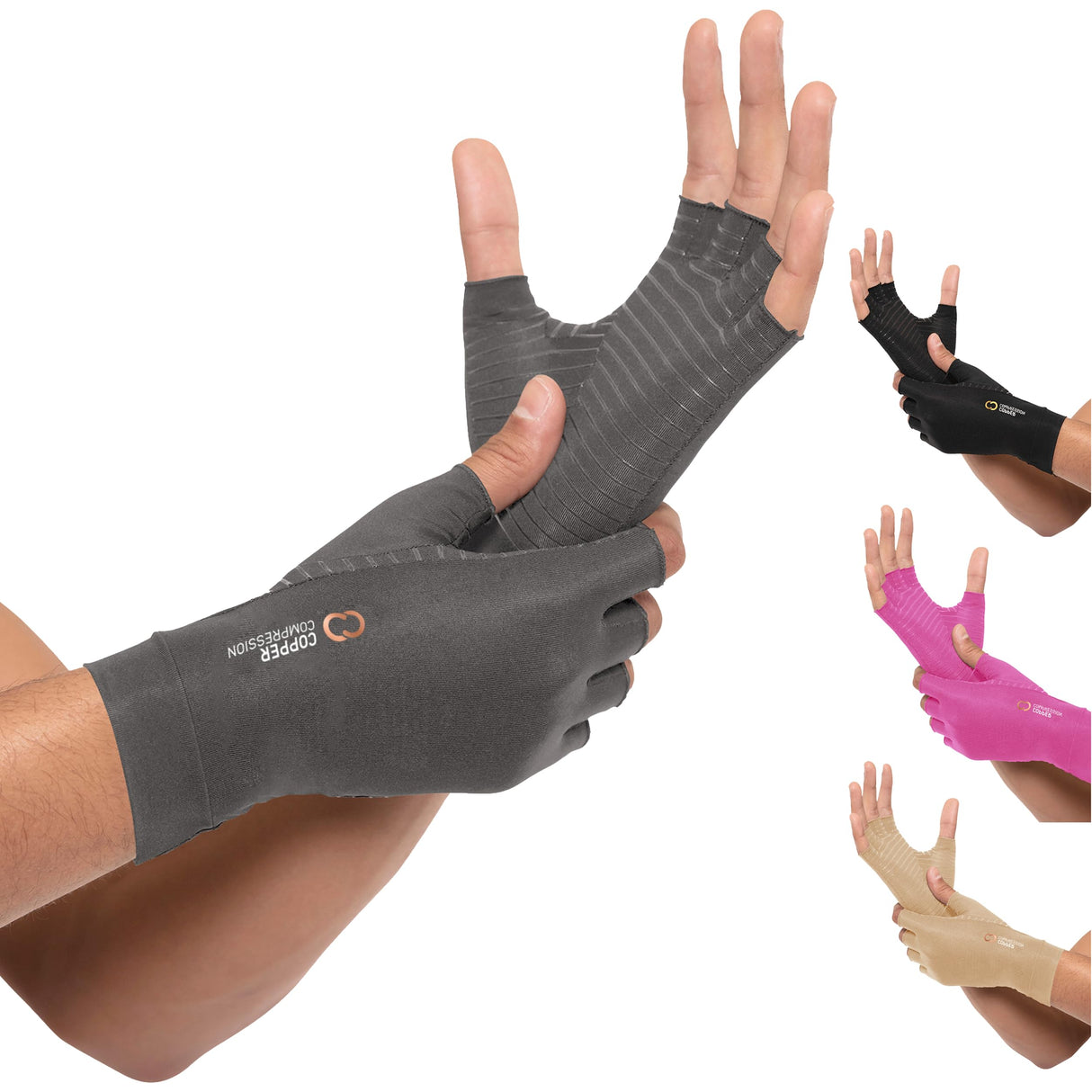 Copper Compression Arthritis Gloves | Fingerless Arthritis Carpal Tunnel Pain Relief for Men & Women | Hand Support Wrist Brace for Neuropathy, Rheumatoid, Tendonitis, Swelling, Typing Grey XS