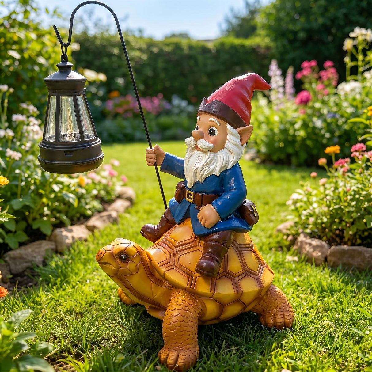 Wlcbomuoe Garden Gnome Decoration, Funny Resin Solar Gnome Statue for Lawn Patio Yard Outdoor Decor, Turtle Riding Gnome Figurine with Lantern, Gift for Women and Men (Gnome-F)