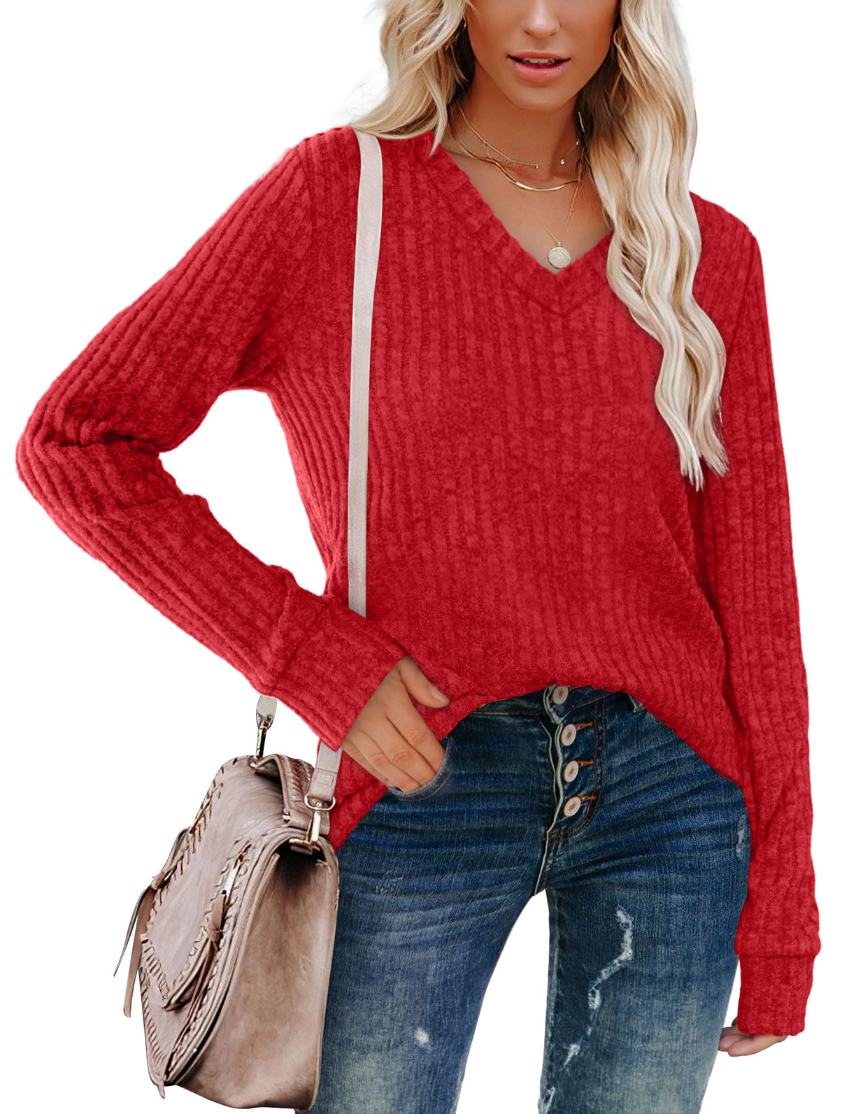 Sampeel Womens Long Sleeve Tops Casual V Neck Fall Shirts Christmas Valentine's Day Sweaters Loose Fit 2025 Red M