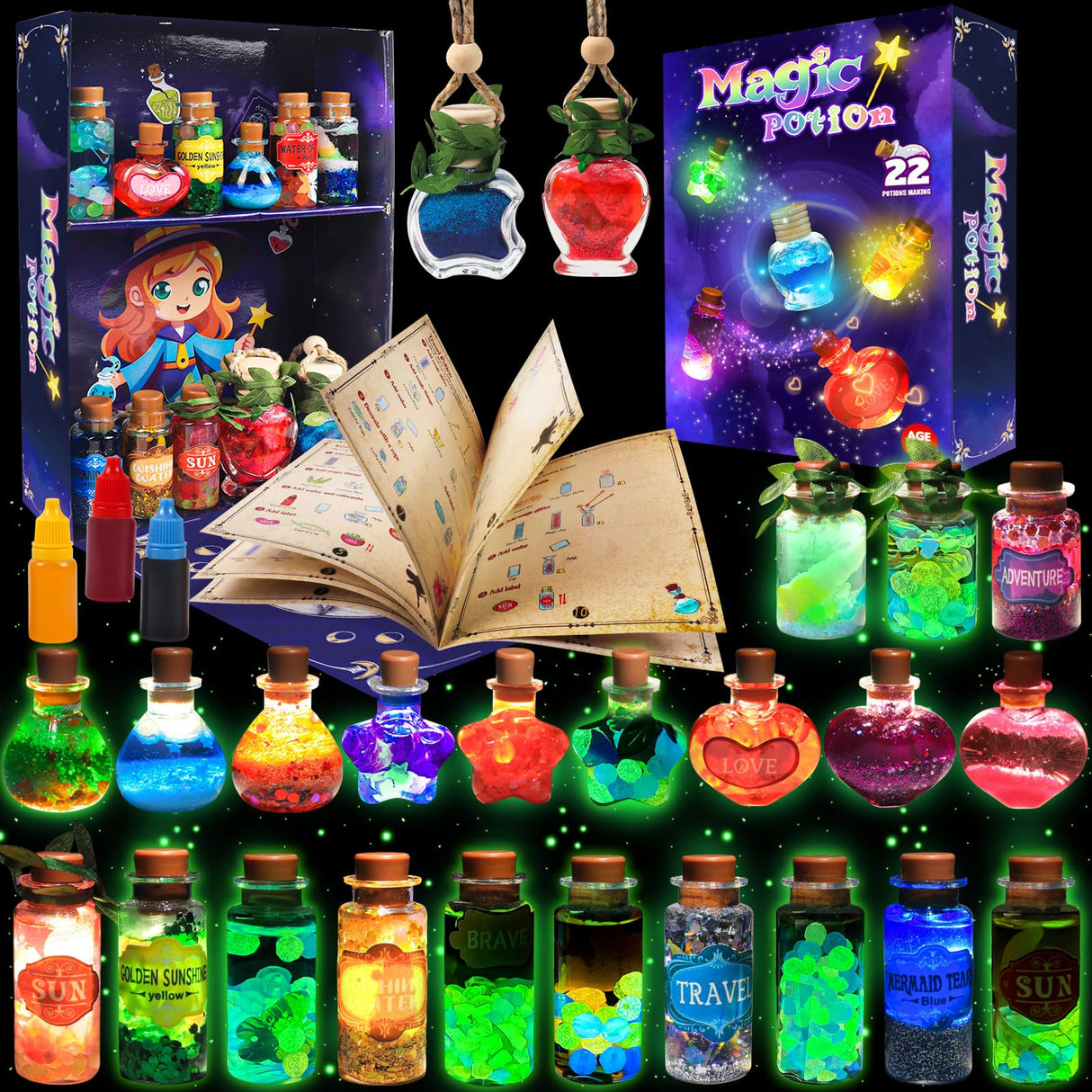 Rhybor Magic Potion Kit for Kids,Mix 22 Bottles Fairy Magic Potions,Mystery Potions Craft Kit,Christmas Halloween Decorations Birthday Gift Toys for Girl 6 7 8 9 10