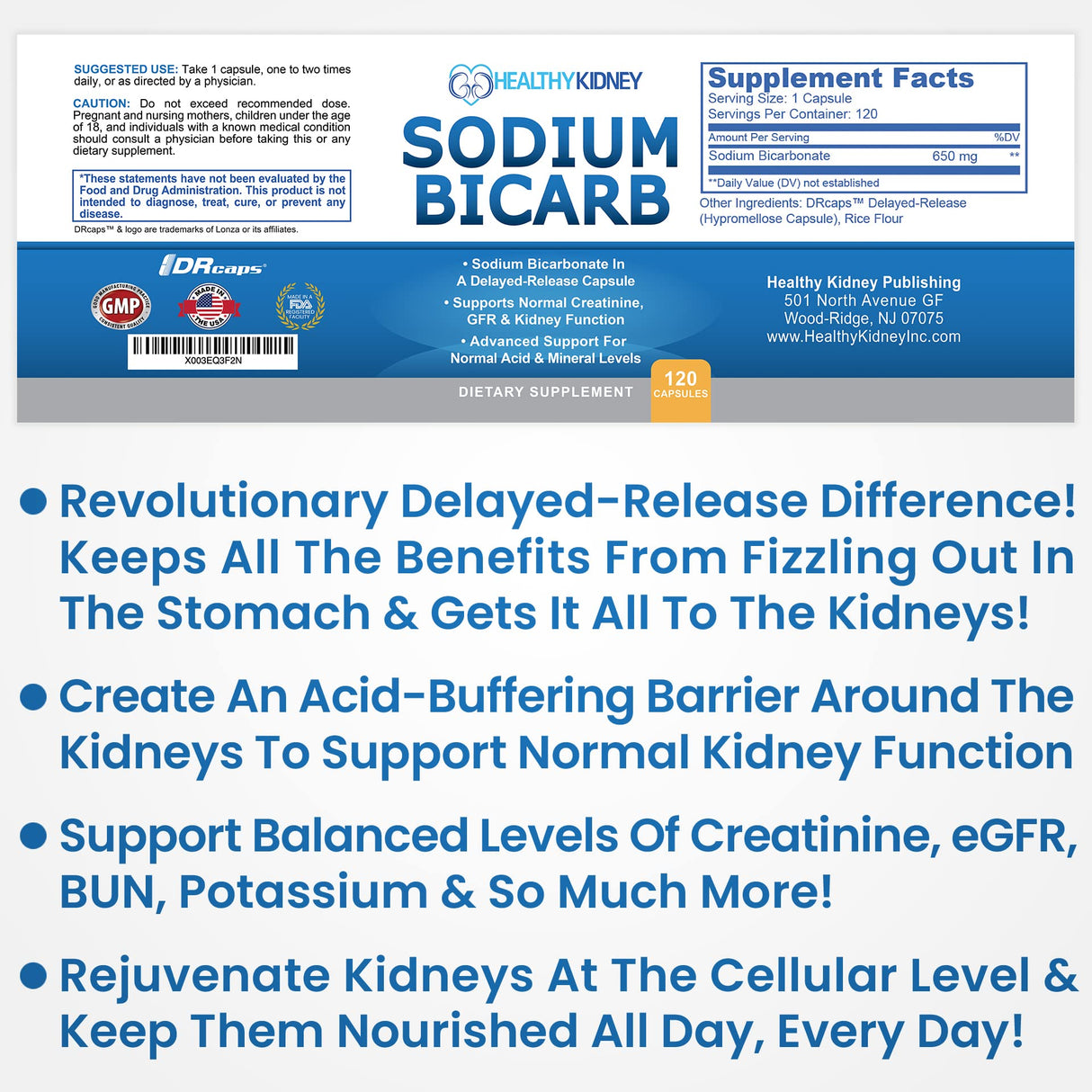 Sodium Bicarbonate 650mg Capsules Delayed Release for Supporting Normal Kidney Function & Kidney Supplement. Sodium Bicarbonate for Acid Relief, Alkalinity 120 Pills 2-Pack