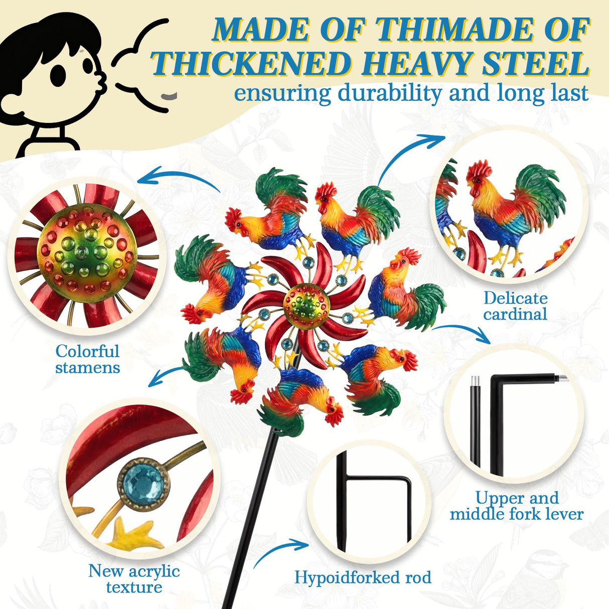 Novabright 39" H Rooster Wind Spinner Garden Chicken Stake Metal Yard Stake Spinner Outdoor Decor for Wind Sculpture Yard Decor 4th of July Patriotic Summer Patio Swimming Lawn Garden