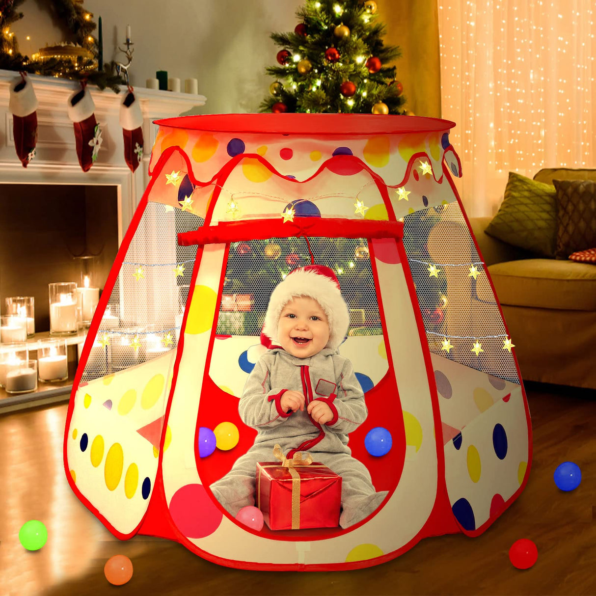 PopUp Princess Tent, Toddler Girl Toys Baby Ball Pit with LED Star Lights, Foldable Kid Play Tent with Carrying Bag, Indoor Outdoor 1 2 3 Year Old Girls Toy Gift for Birthday/ Christmas, Red