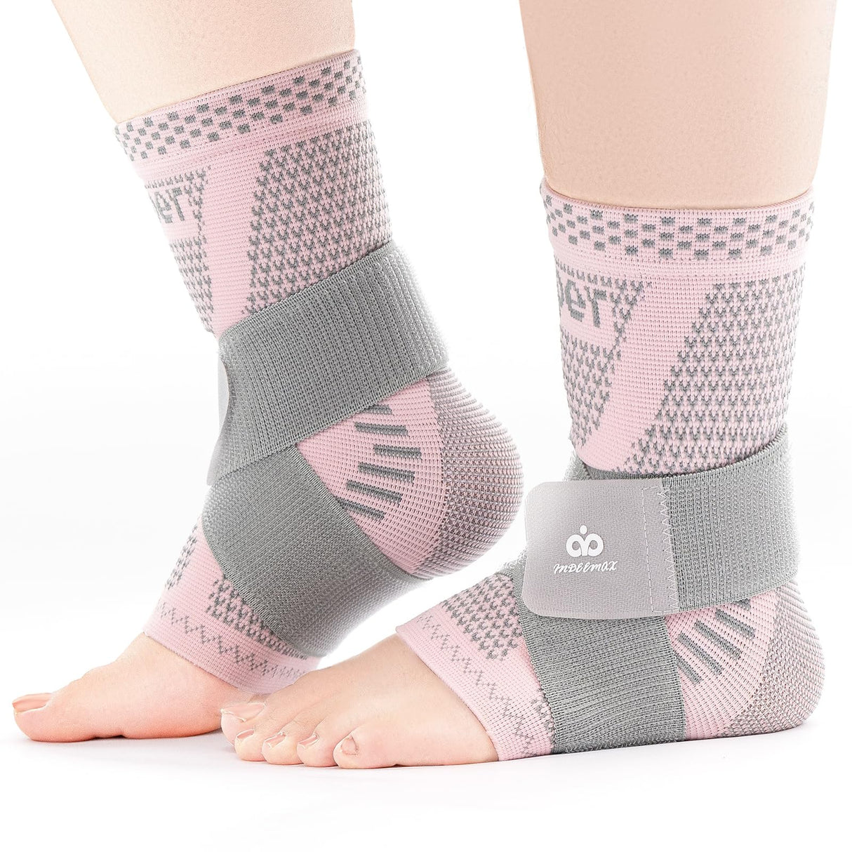 INDEEMAX Ankle Brace for Sprained Ankle Compression Sleeve, 2 Pack Copper Infused Ankle Support Brace for Women & Men, Plantar Fasciitis Relief Achilles Tendonitis, Sports Running, Pink Silver, L