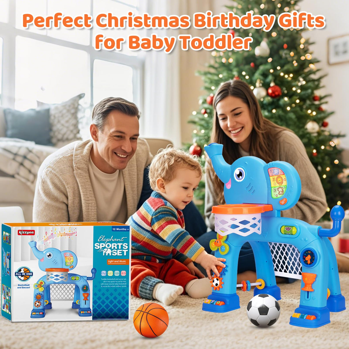 KIZZYEA Toys for 1 2 3 Years Old Boys Girls, Toddler Basketball Hoop & Soccer Goal, Montessori Toy, Interactive Musical Sports Toys with Light, Christmas Birthday Gifts for Baby Kids Age 12-18 Months