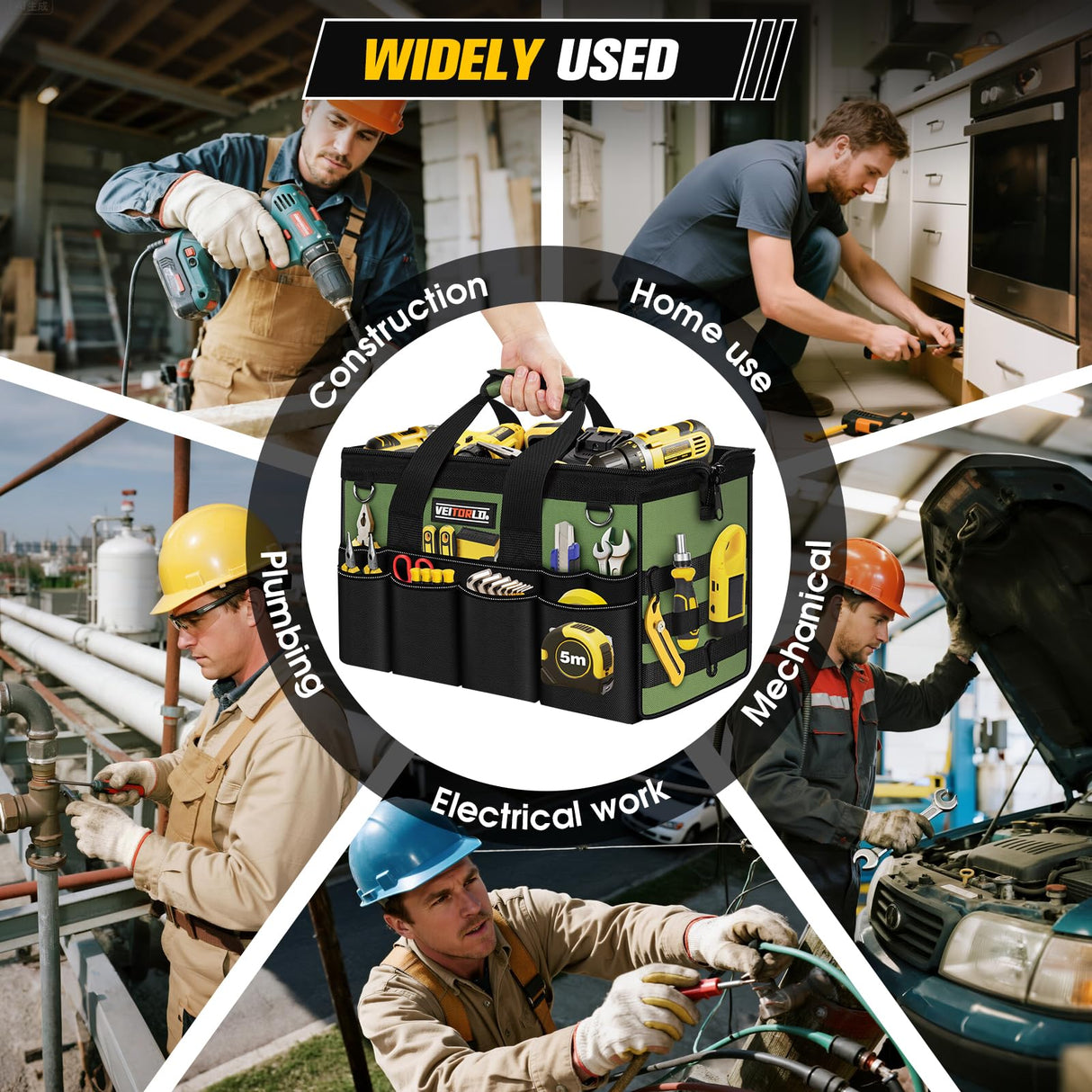 Heavy Duty Tool Bag 16-Inch - 19 Pockets Tool Organizer, Portable Electrician Toolbox W/Soft Handle, Christmas Birthday Gift Ideas for Men Dad Husband Him Mechanic Plumber, Wide Mouth Tool Storage Box