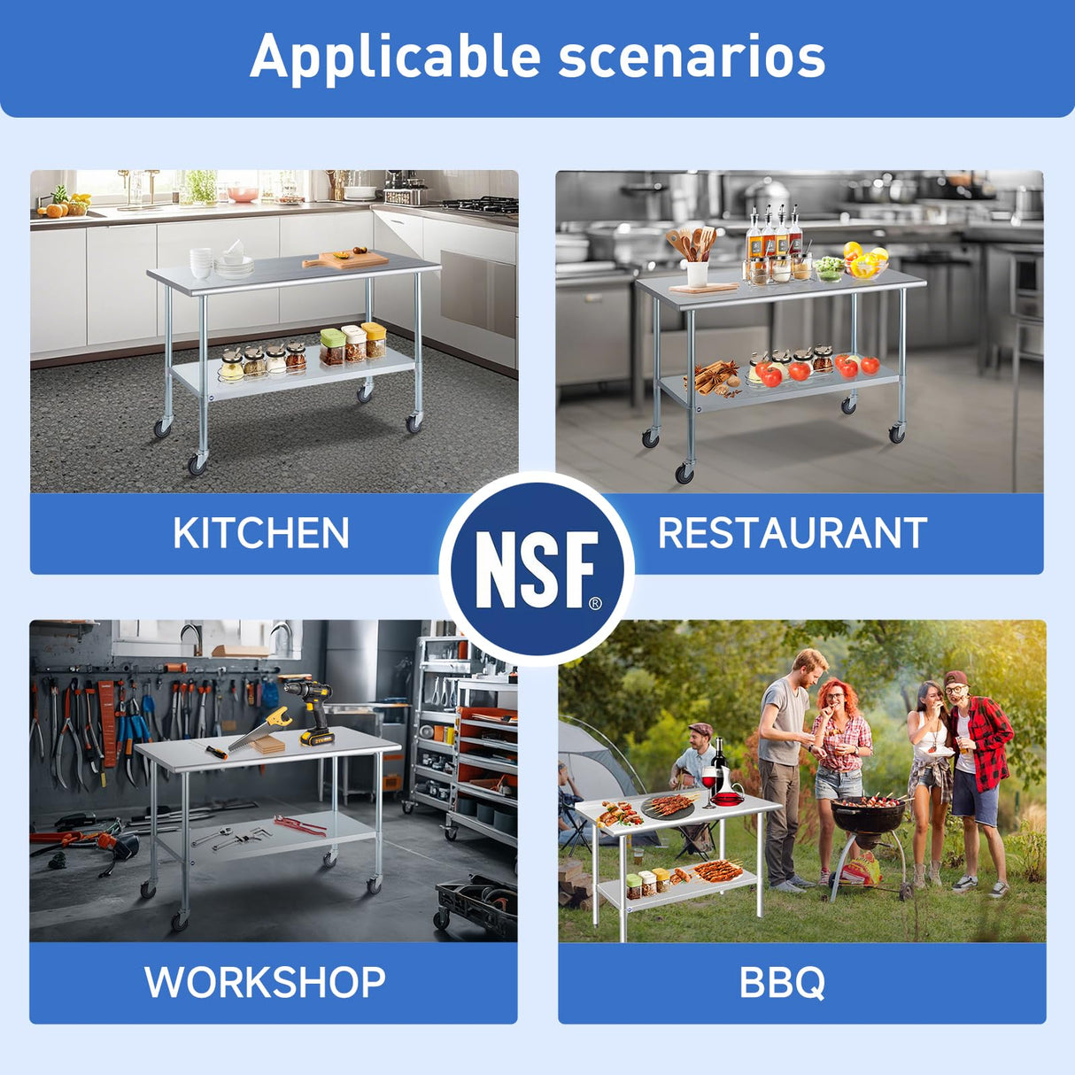 ROCKPOINT Stainless Steel Table for Prep & Work with Caster Wheels 24x48 Inches, NSF Metal Commercial Kitchen Heavy Duty Table with Adjustable Under Shelf and Table Foot for Restaurant, Home and Hotel